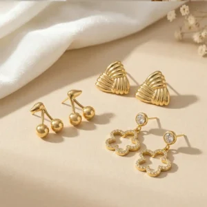 Golden Stud Earrings Set (Pack of 3)